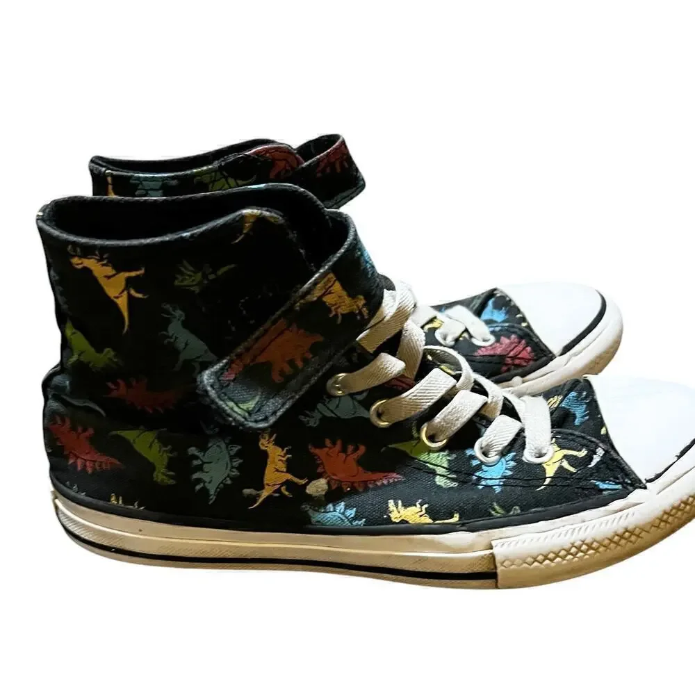 CONVERSE Kids Black hi top dinosaur lace and rip top closure. Pre owned size 3